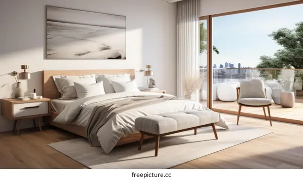 Modern bedroom with a view of the city
