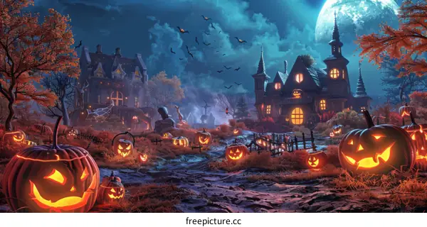 Spooky Halloween House With Pumpkin and Moon