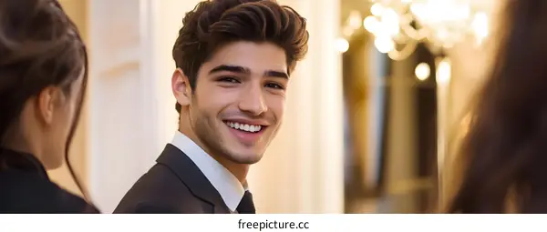 Handsome Man Smiling At Camera With Two Women