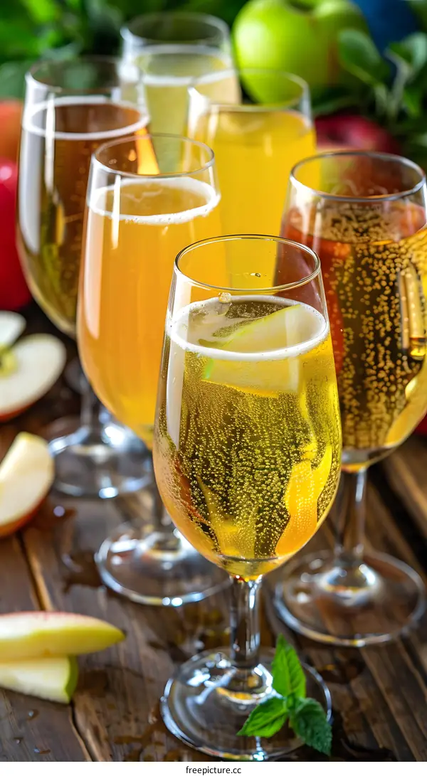 Sparkling Apple Cider in Glasses on Wooden Table