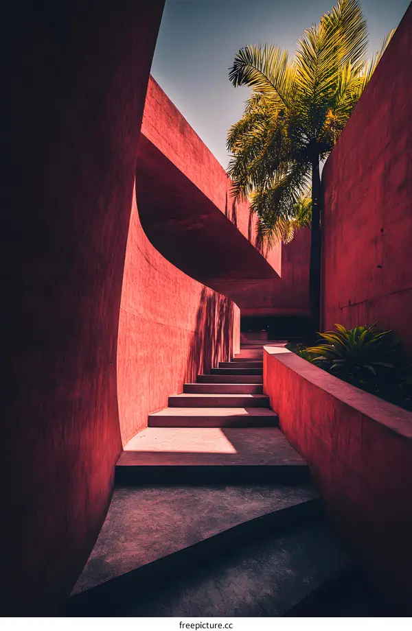 Modern Architecture Design with Red Walls and Palm Trees