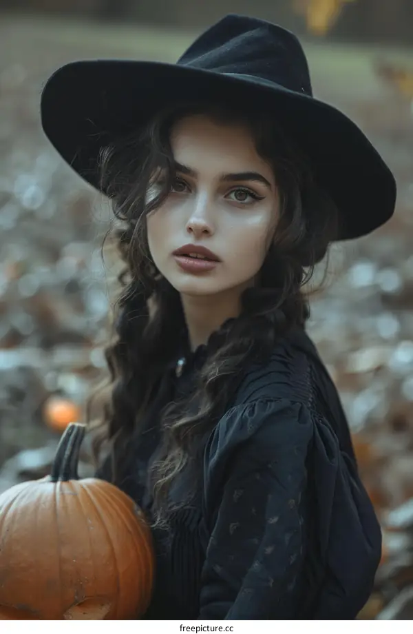 portrait of a beautiful young woman in a black hat holding a pumpkin