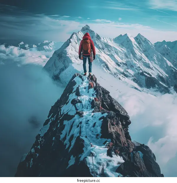 Man standing on the summit of a snow-capped mountain