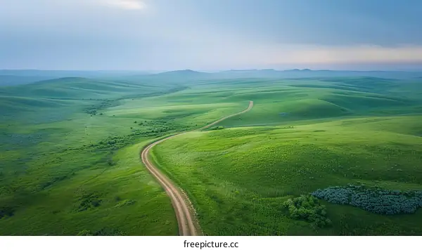Curving Dirt Road Through a Vast Grassy Plain