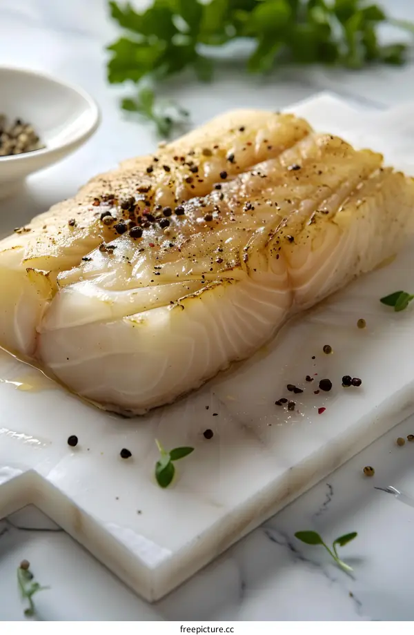 Fresh raw cod loin with herbs and spices on white marble board