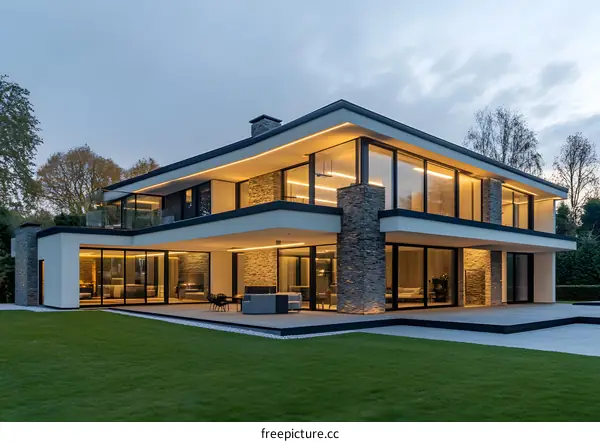 Modern Architecture Home with Stone Facade and Large Windows