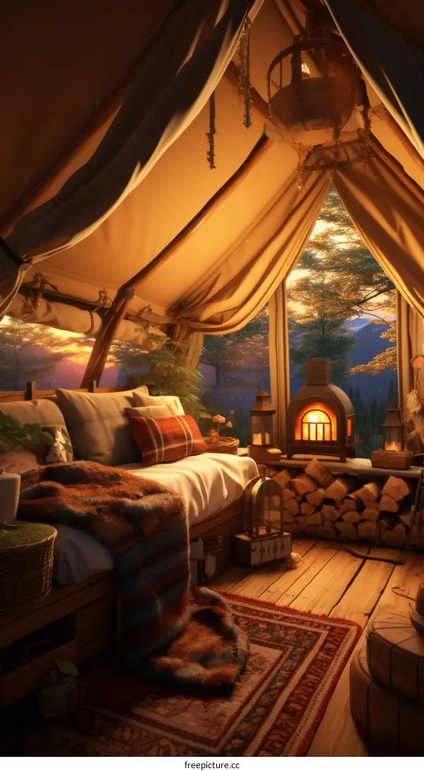 Cozy tent interior with a view of the sunset in the mountains