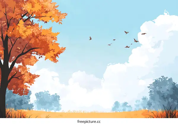 Autumn Landscape With Birds Flying In The Sky