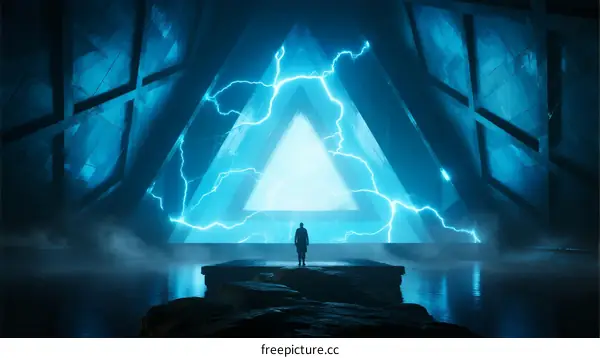 Mysterious Figure Standing Before Glowing Triangle with Lightning