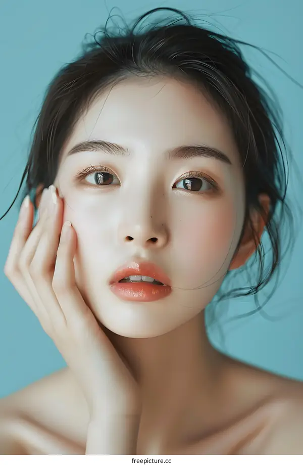 Closeup Portrait of a Young Asian Woman with Brown Eyes and Soft Makeup