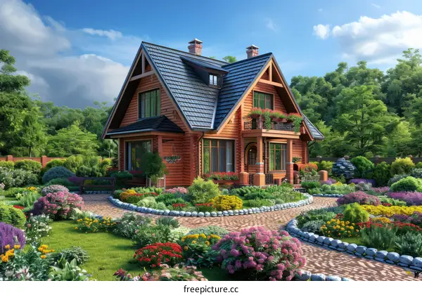 A wooden house with a garden full of flowers