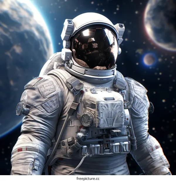Astronaut in spacesuit with reflection of planets and stars on helmet visor