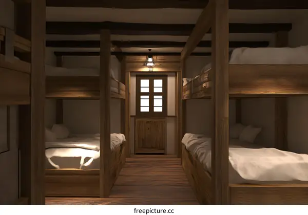 Rustic Wooden Bunk Beds In A Room With A Window