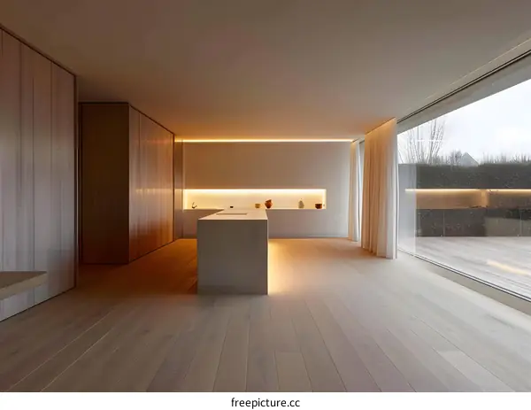 Modern Minimalist Kitchen Interior Design with Wooden Floor and Large Window