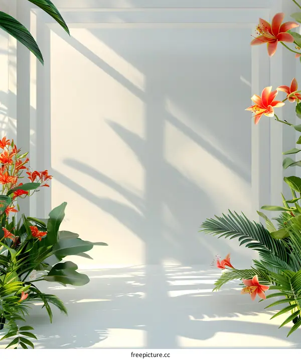 Tropical Leaves and Flowers on a White Background with Sunlight