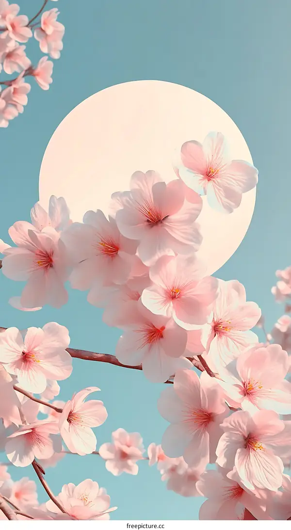 Pink Cherry Blossoms Blooming Under a Full Moon
