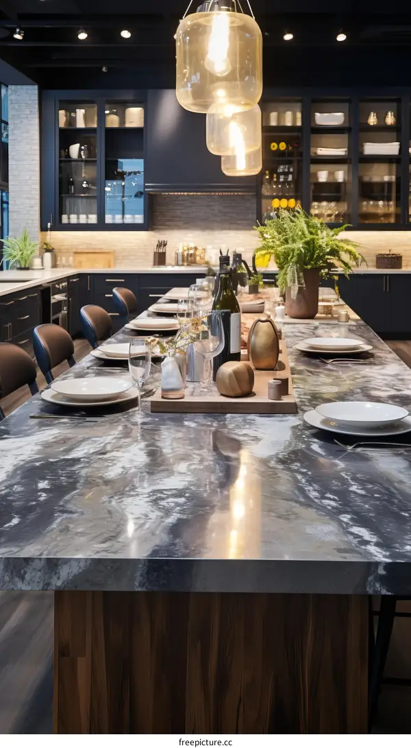 Modern kitchen island with dark cabinets and marble countertops