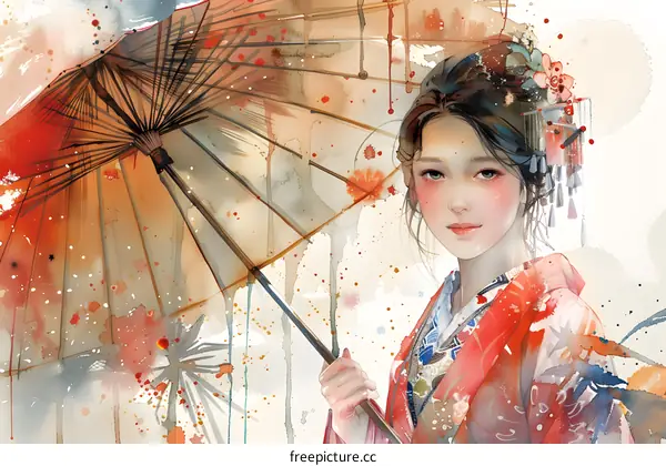 An Asian woman in a red kimono holding an umbrella