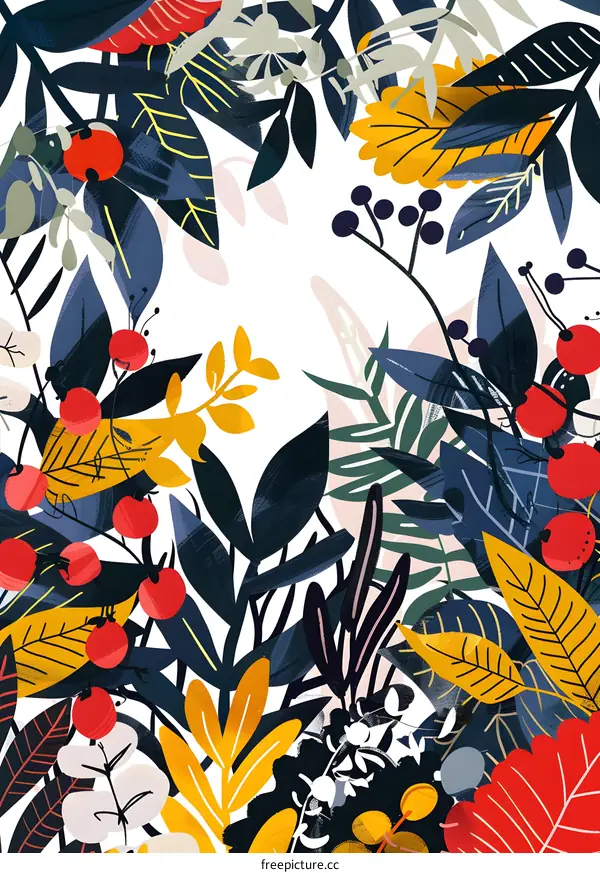 Colorful Floral Pattern With Red, Yellow And Blue Leaves On White Background