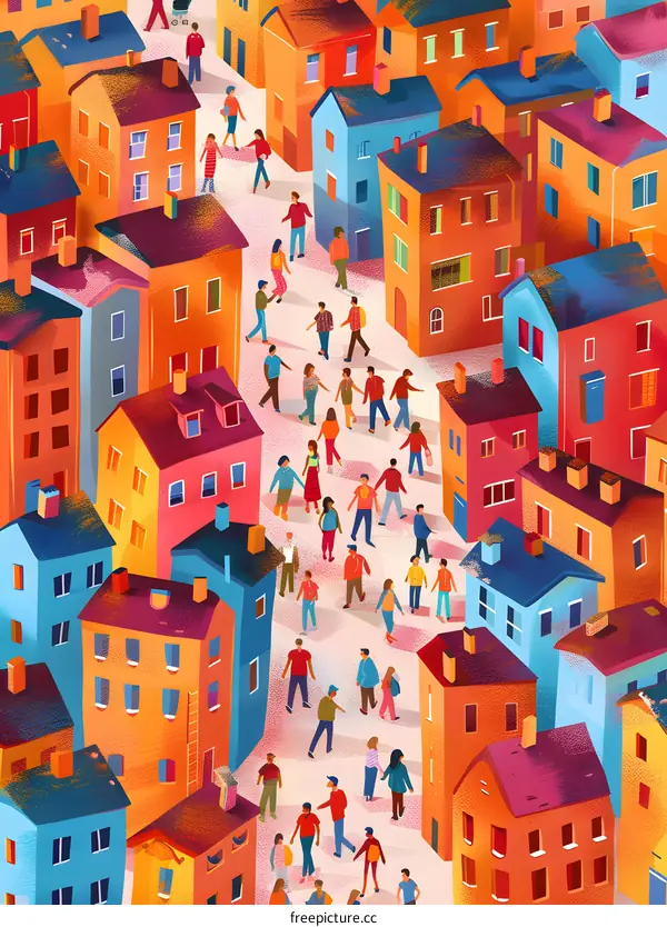 Colorful Illustration of a Busy City Street with People Walking