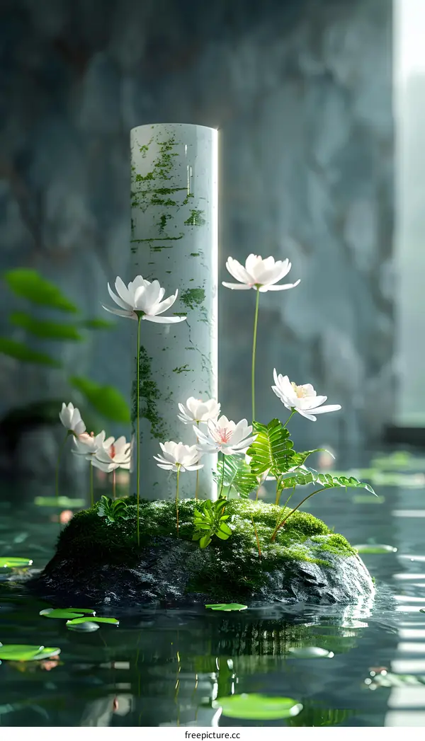 white lotus flowers and green lotus leaves floating on the water with a stone platform in the middle