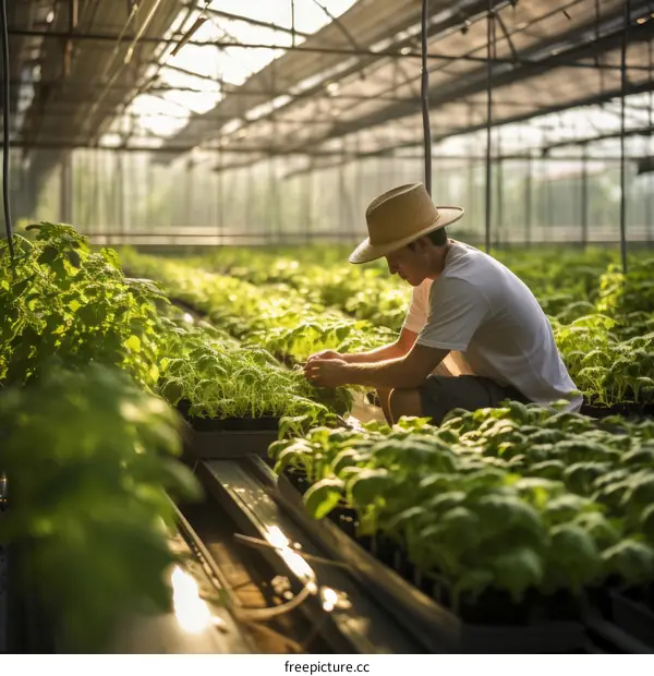 Male farmer checking his basil plants in greenhouse