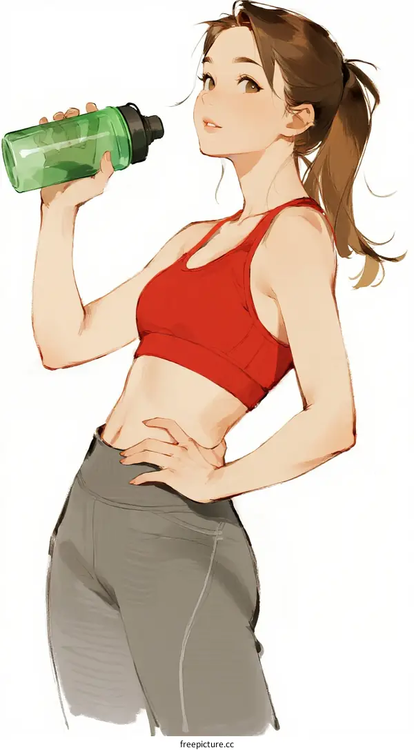 Young Woman in Red Sports Bra Drinking Green Water Bottle