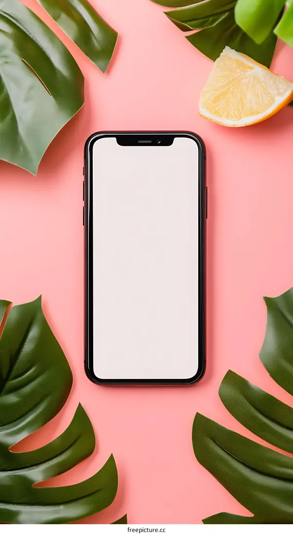 Mockup of a Smartphone with Green Leaves on a Pink Background