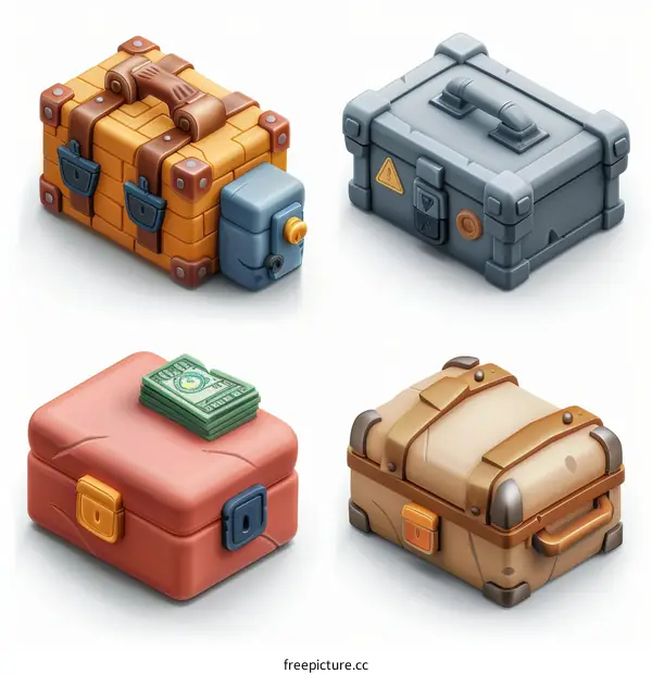 A set of four chests of different colors and materials
