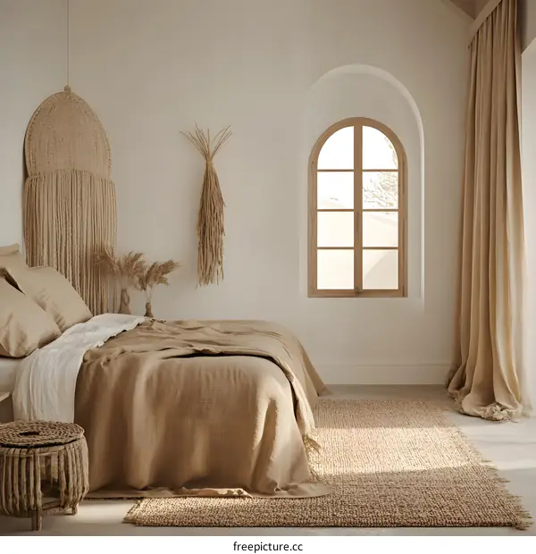 Minimalist Bedroom Interior Design With Beige Bed Linen and Jute Rug