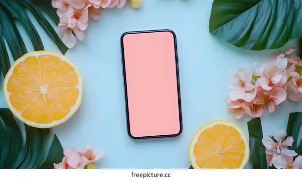 Flat Lay with Lemon Slices, Flowers, Green Leaves and Phone on Blue Background