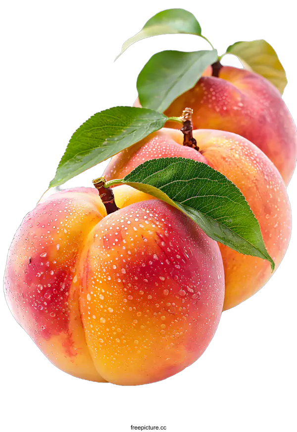 [Transparent Background PNG]Fresh Ripe Peaches with Green Leaves