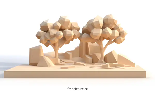 Low Poly 3D Model of Two Trees and Rocks