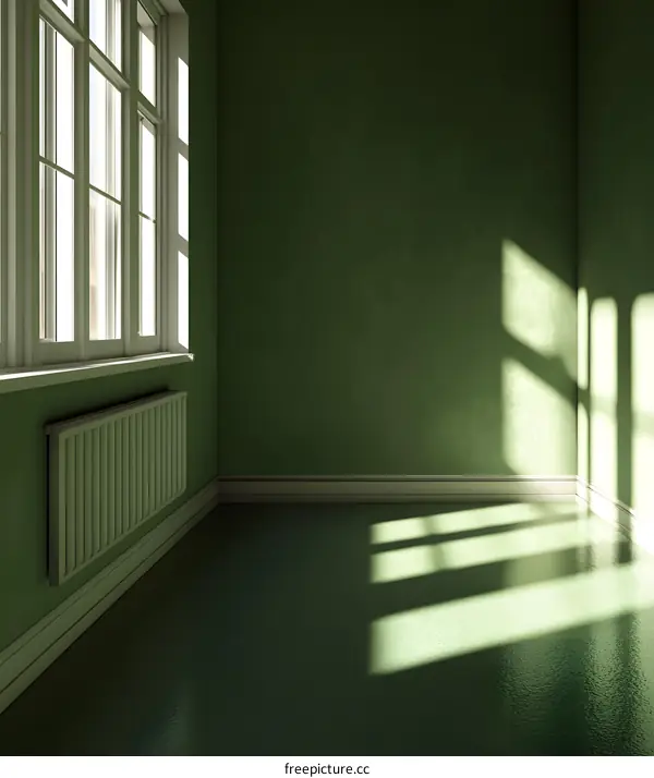Empty Green Room with Window and Sun Rays
