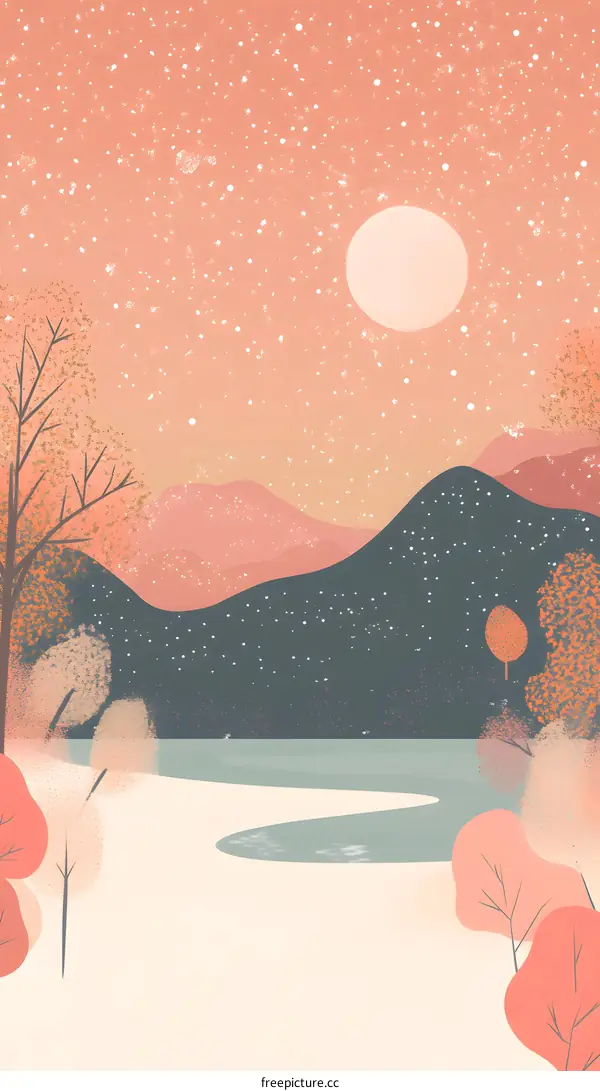 Winter Landscape Illustration with Mountains, Trees, and a Moon