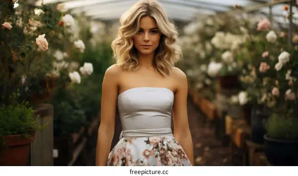 Portrait of a beautiful young blonde woman in a strapless floral dress standing in a greenhouse