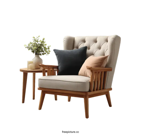 [Transparent Background PNG]Modern Wooden Armchair with Side Table
