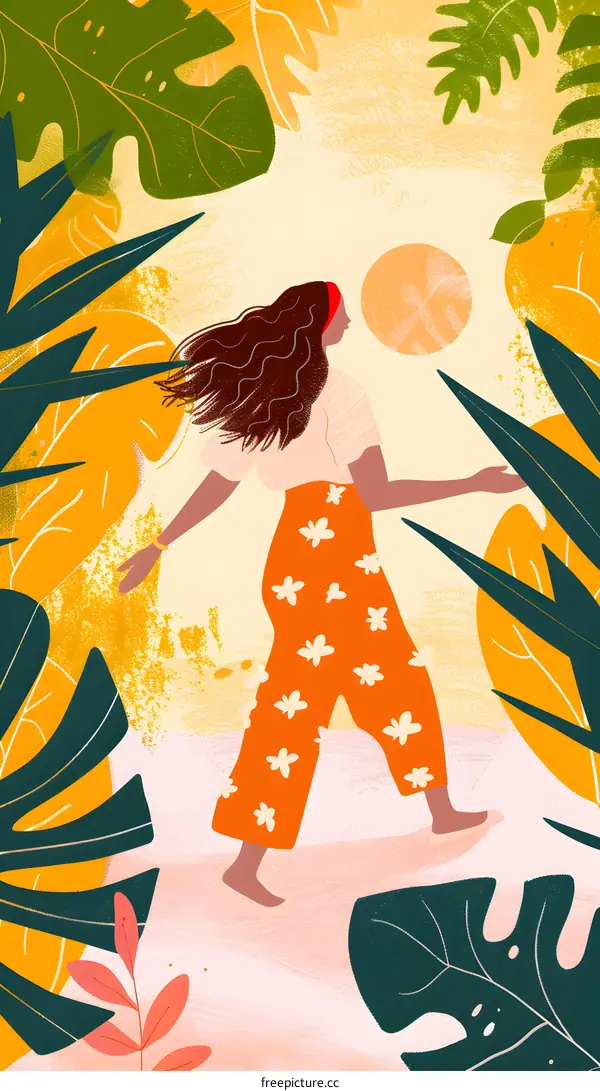 Woman Walking Through Tropical Leaves Illustration
