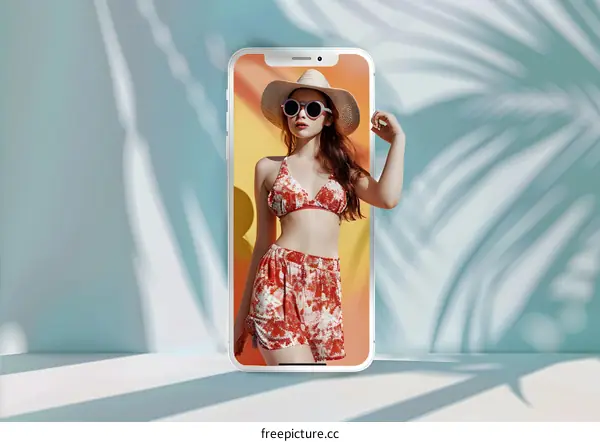 Woman in Red Bikini and Hat on Smartphone Screen
