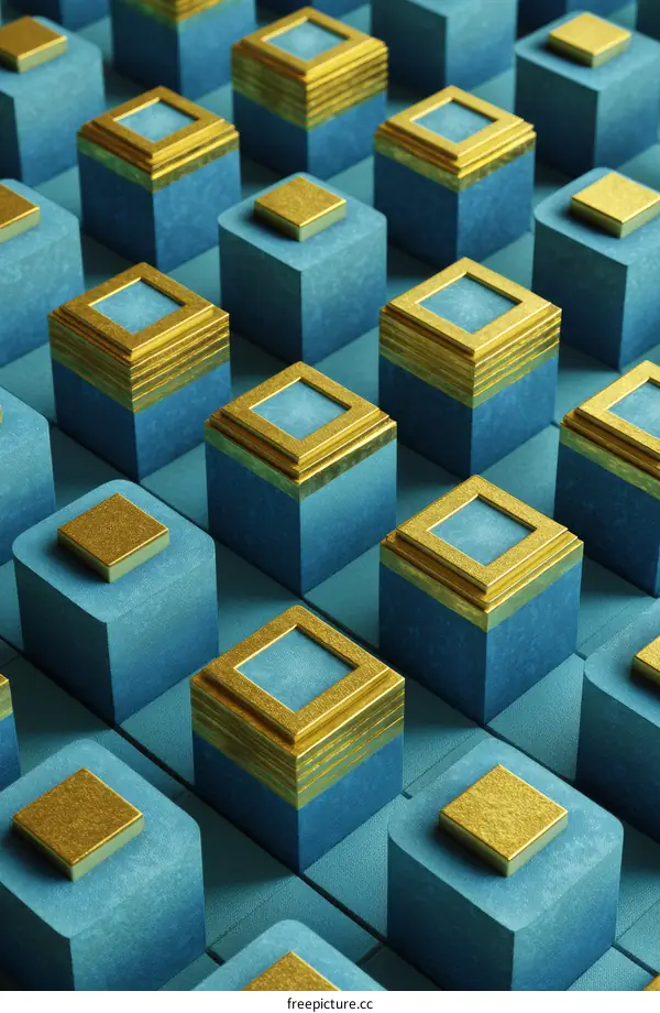 Geometric Abstract Pattern of Teal and Gold Cubes