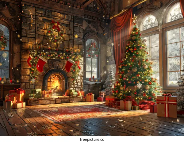 Cozy Christmas Living Room with Presents and Fireplace