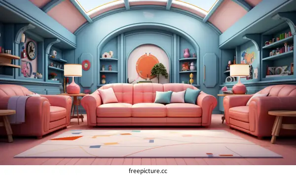 A pink sofa in a blue living room