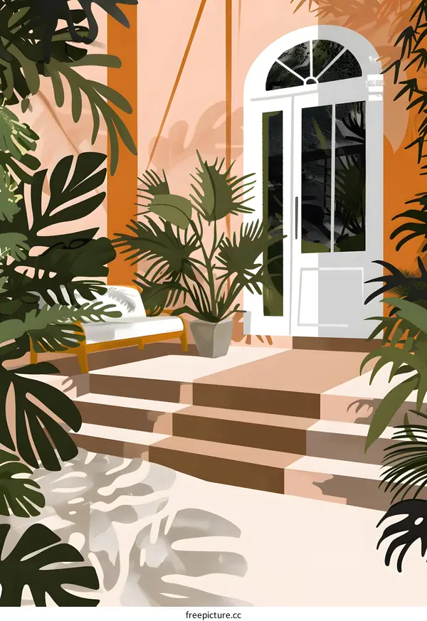 Tropical Illustration of Patio Entrance with White Door and Steps