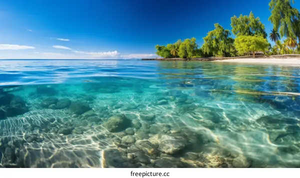 Tropical Beach Half Underwater and Half Above with Green Trees and Rocky Ocean Floor