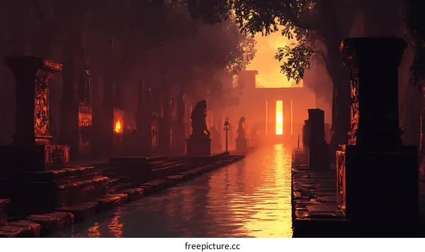 Ancient Ruins at Sunset With a Path Leading to a Mysterious Gateway