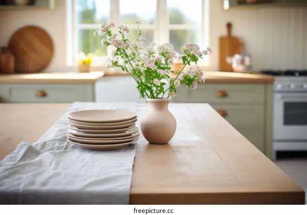 A Simple Kitchen Table with a Small Vase of Flowers
