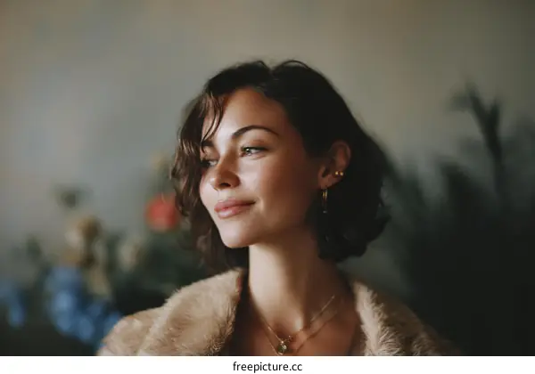Portrait of young woman with curly hair in fur coat