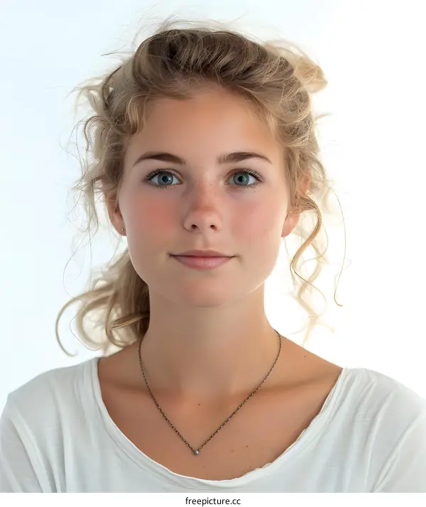 portrait of a young woman with freckles and blue eyes