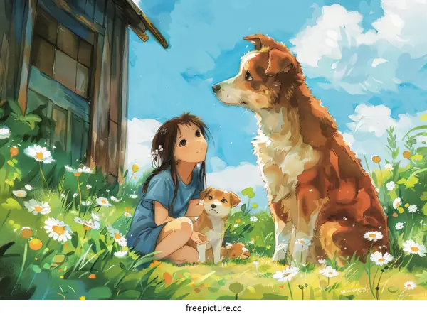 girl petting two dogs in a field of flowers
