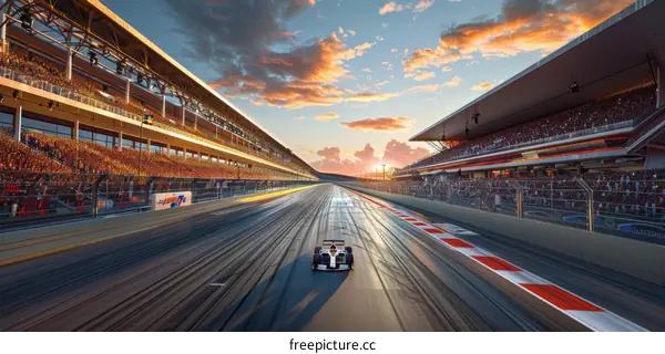 Formula One car racing down a track with grandstands full of spectators